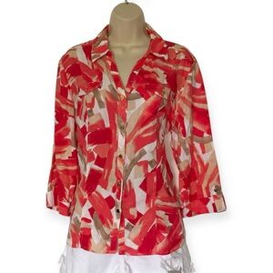 Vintage Linen 3/4 Button Down Shirt Abstract Vibrant JM Collection Large